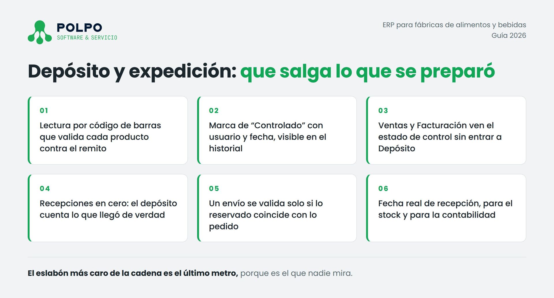 Control de expedición por código de barras en el depósito de una fábrica de alimentos: cada lectura valida el producto contra el remito, deja la marca de controlado con usuario y fecha, y las recepciones obligan a contar lo que llegó.