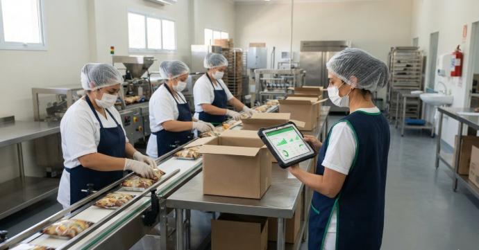 Línea de producción en una planta de alimentos y bebidas. Ilustración de la guía: ERP para fábricas de alimentos y bebidas.