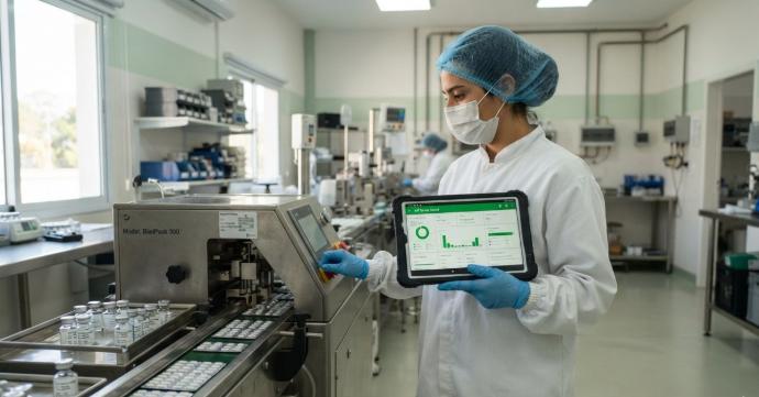 Técnica de laboratorio farmacéutico controla la producción de blísteres desde una tablet con Polpo ERP